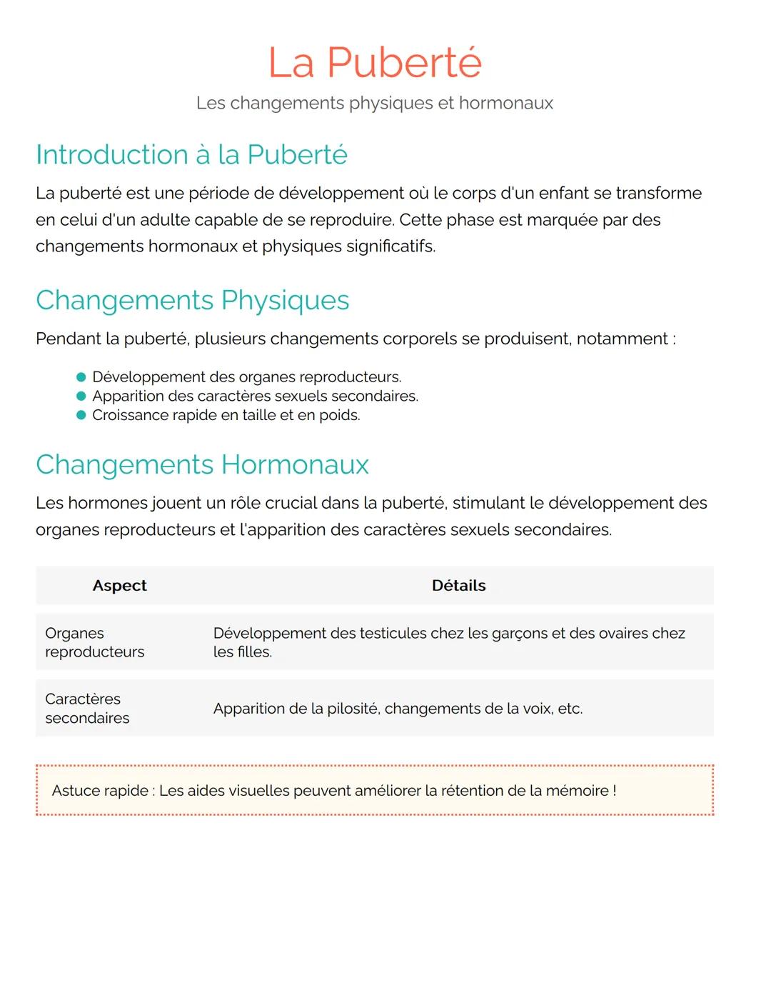 # La Puberté
Les changements physiques et hormonaux
## Introduction à la Puberté
La puberté est une période de développement où le corps