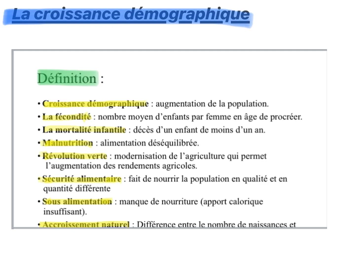 La croissance démographique
Définition:
⚫ Croissance démographique augmentation de la population.
⚫ La fécondité: nombre moyen d'enfants par