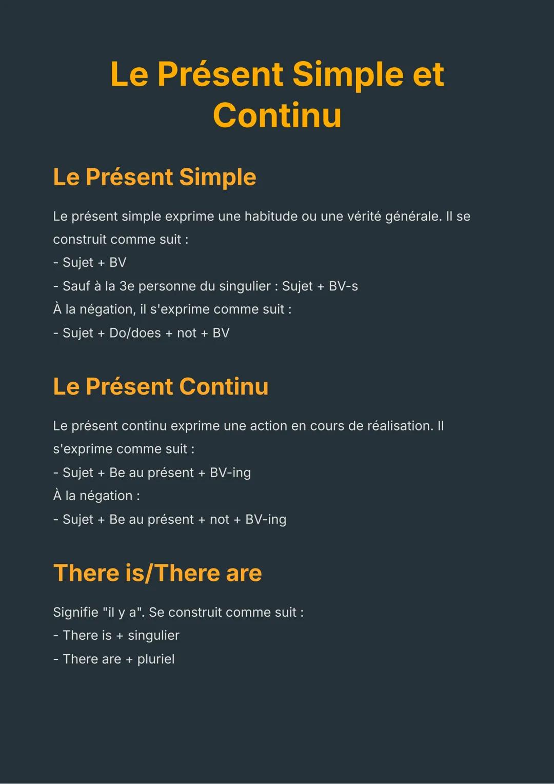 Le Présent Simple et
Continu
Le Présent Simple
Le présent simple exprime une habitude ou une vérité générale. Il se
construit comme suit :
-