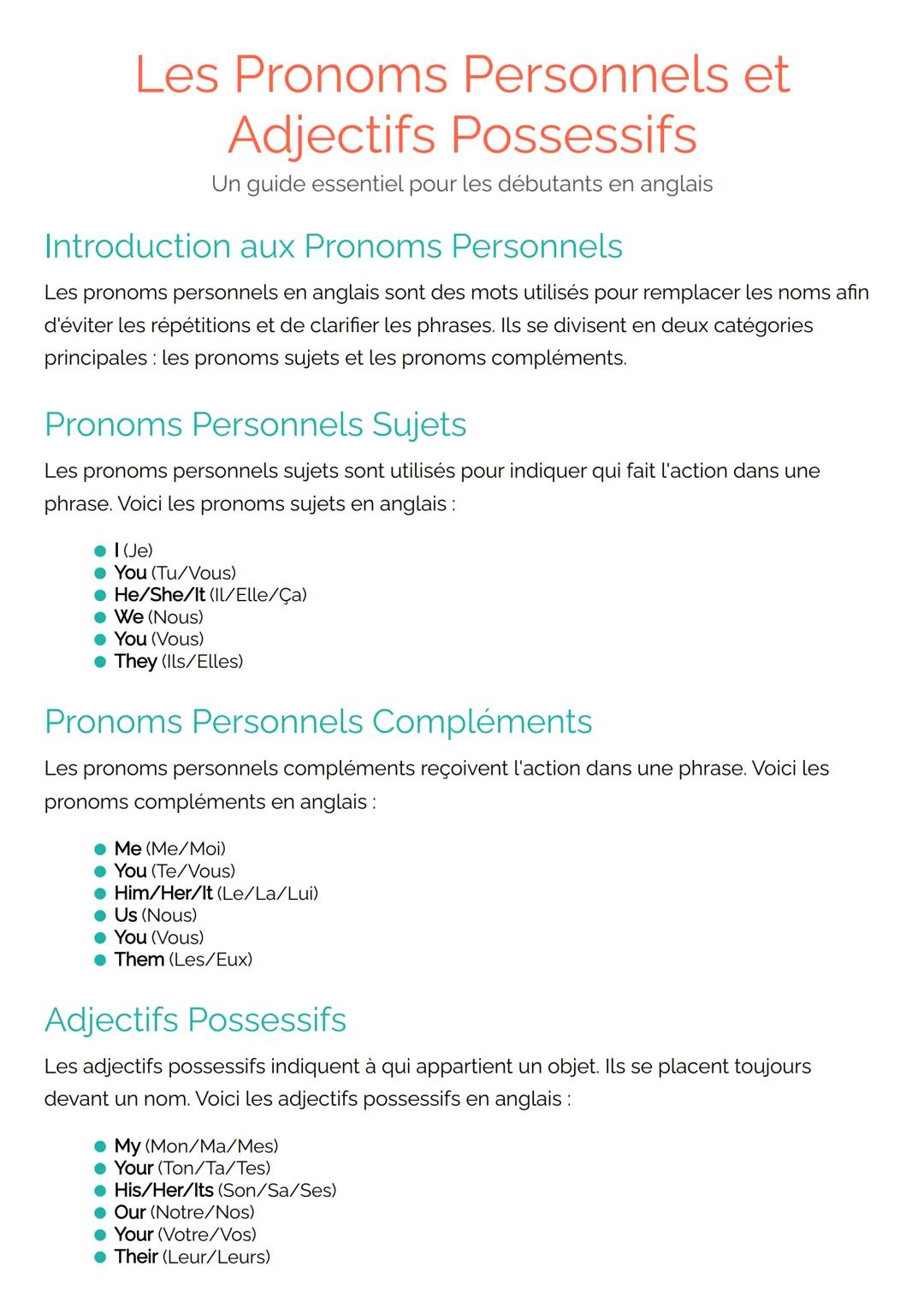 # Les Pronoms Personnels et
# Adjectifs Possessifs
Un guide essentiel pour les débutants en anglais
## Introduction aux Pronoms Personnels