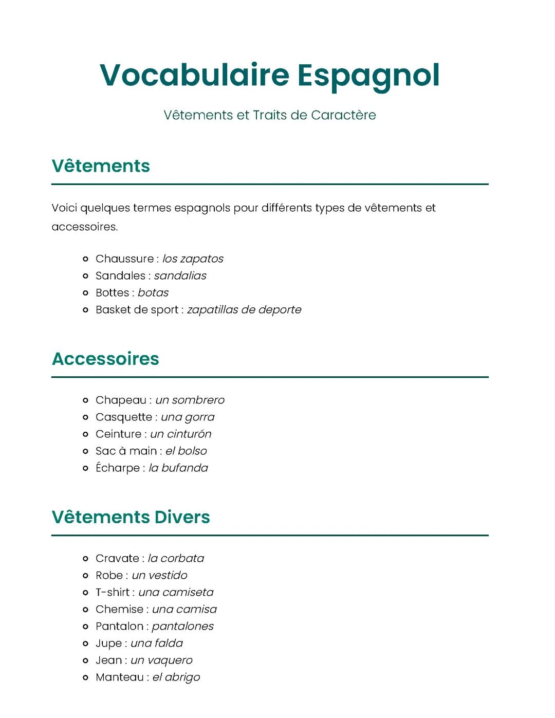 Vocabulaire Espagnol : Vêtements et Caractères