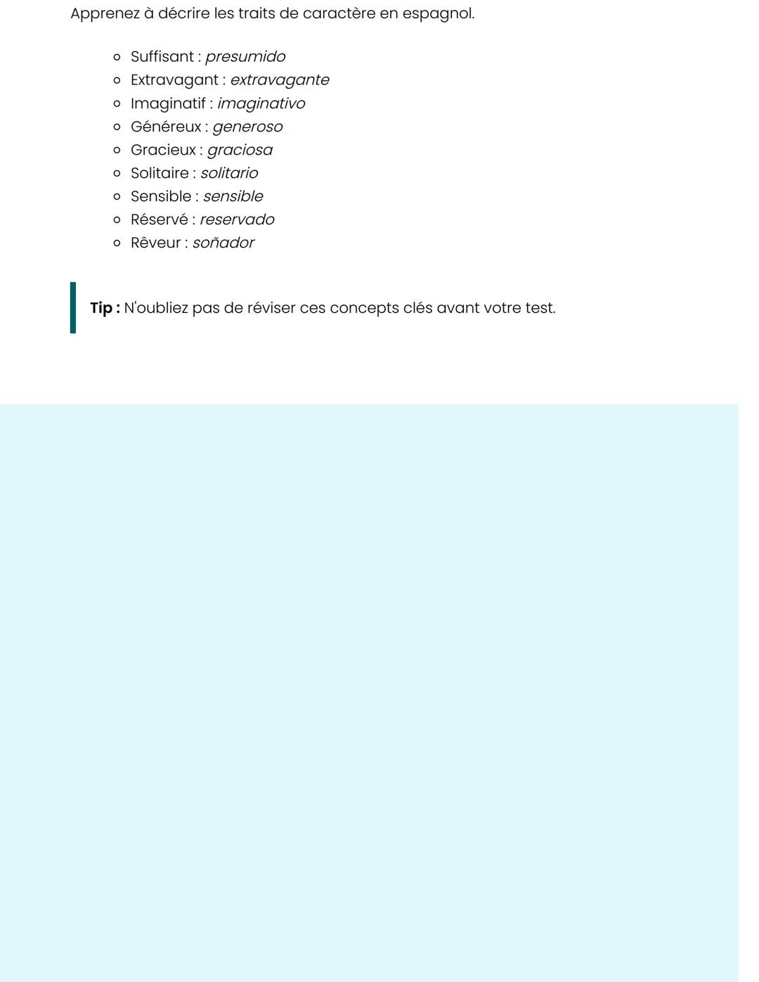Vocabulaire Espagnol
Vêtements et Traits de Caractère
Vêtements
Voici quelques termes espagnols pour différents types de vêtements et
access