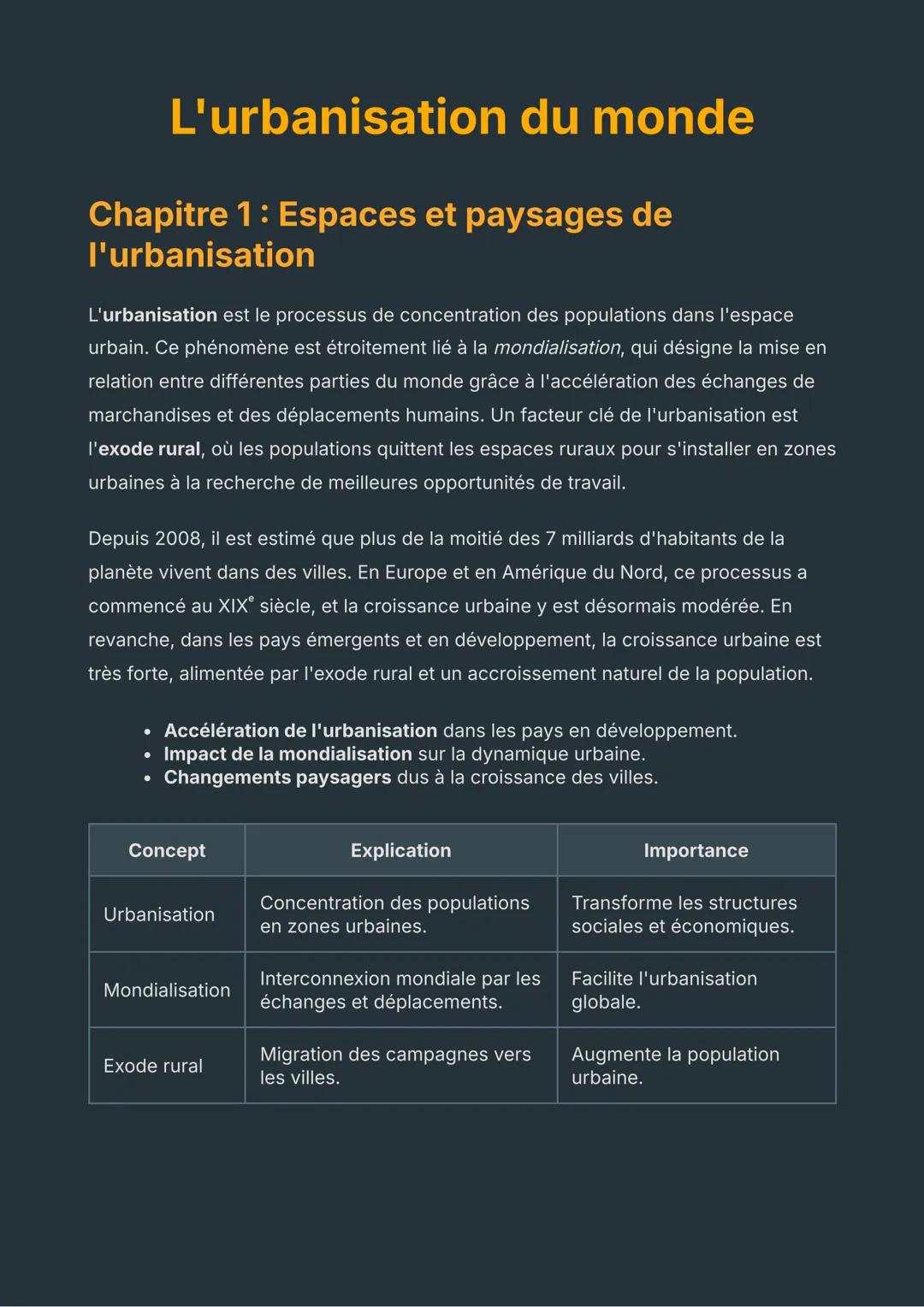 L'urbanisation du monde
Chapitre 1: Espaces et paysages de
l'urbanisation
L'urbanisation est le processus de concentration des populations d