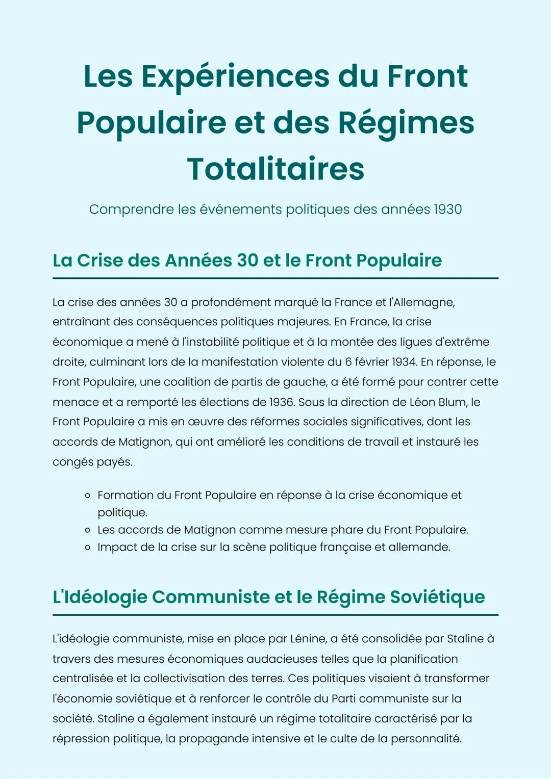 # Les Expériences du Front
# Populaire et des Régimes
# Totalitaires
Comprendre les événements politiques des années 1930
## La Crise des