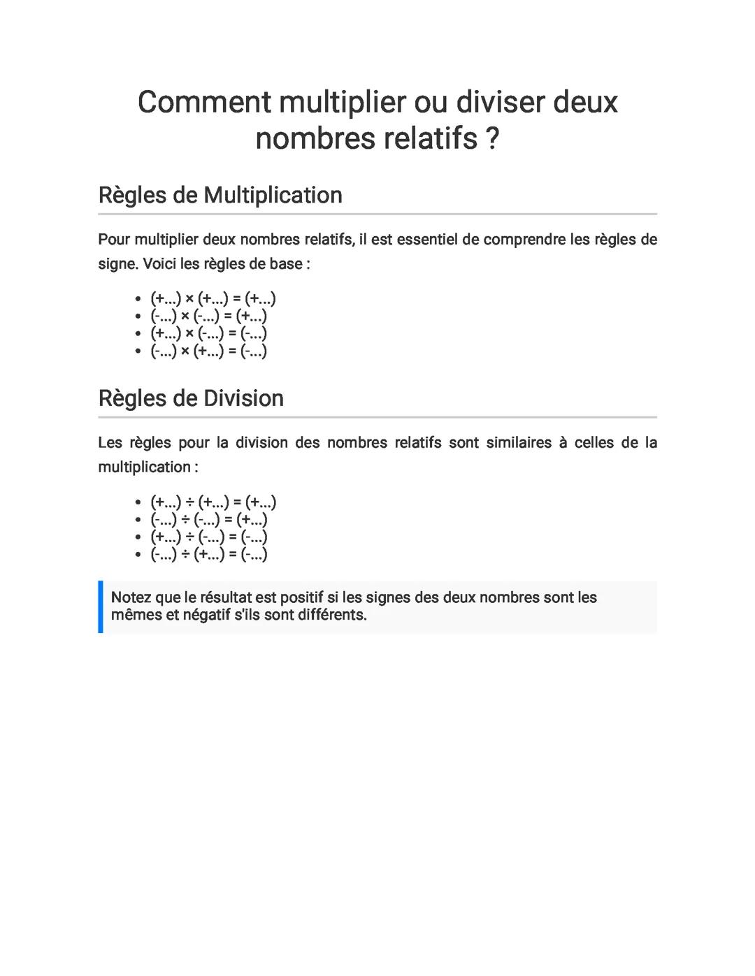 Multiplication et Division de Nombres Relatifs