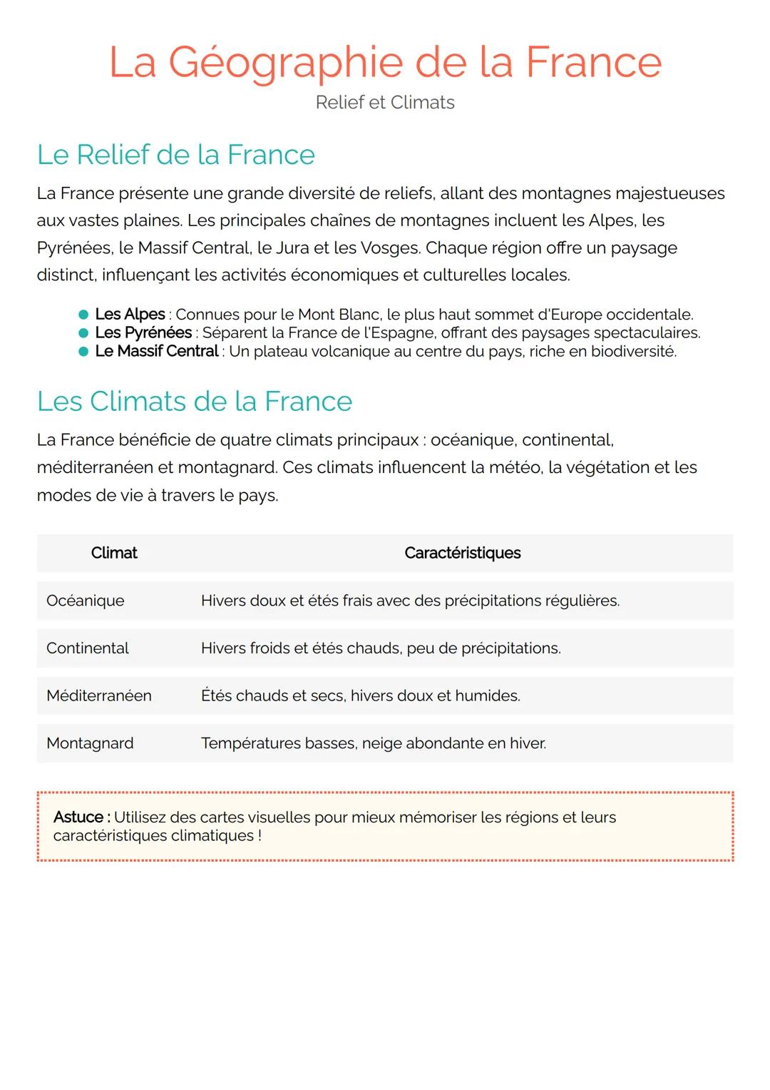 # La Géographie de la France
Relief et Climats
## Le Relief de la France
La France présente une grande diversité de reliefs, allant des m