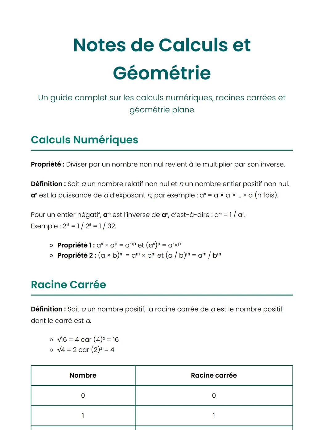 Notes de Calculs et
Géométrie
Un guide complet sur les calculs numériques, racines carrées et
géométrie plane
Calculs Numériques
Propriété :