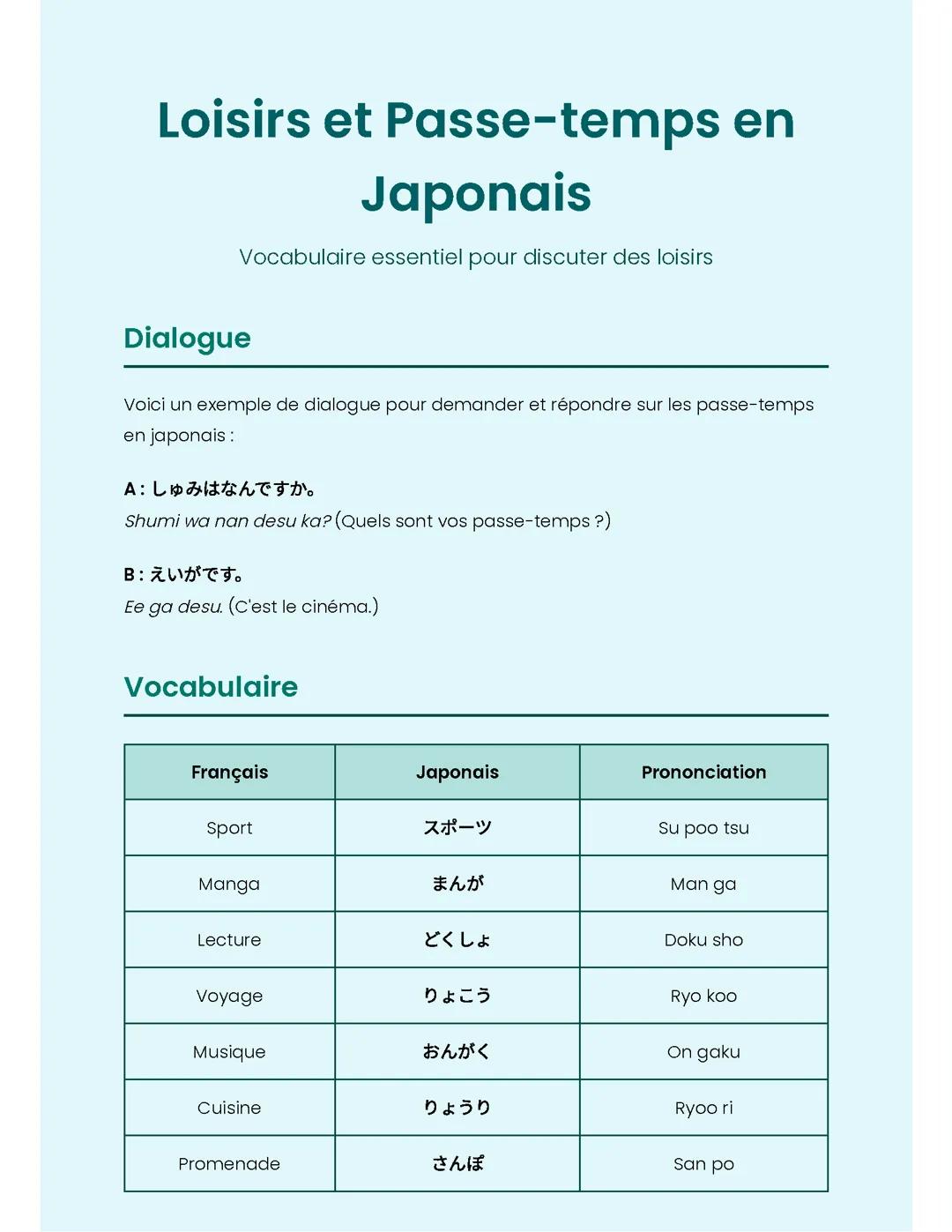 Loisirs et Passe-temps en Japonais