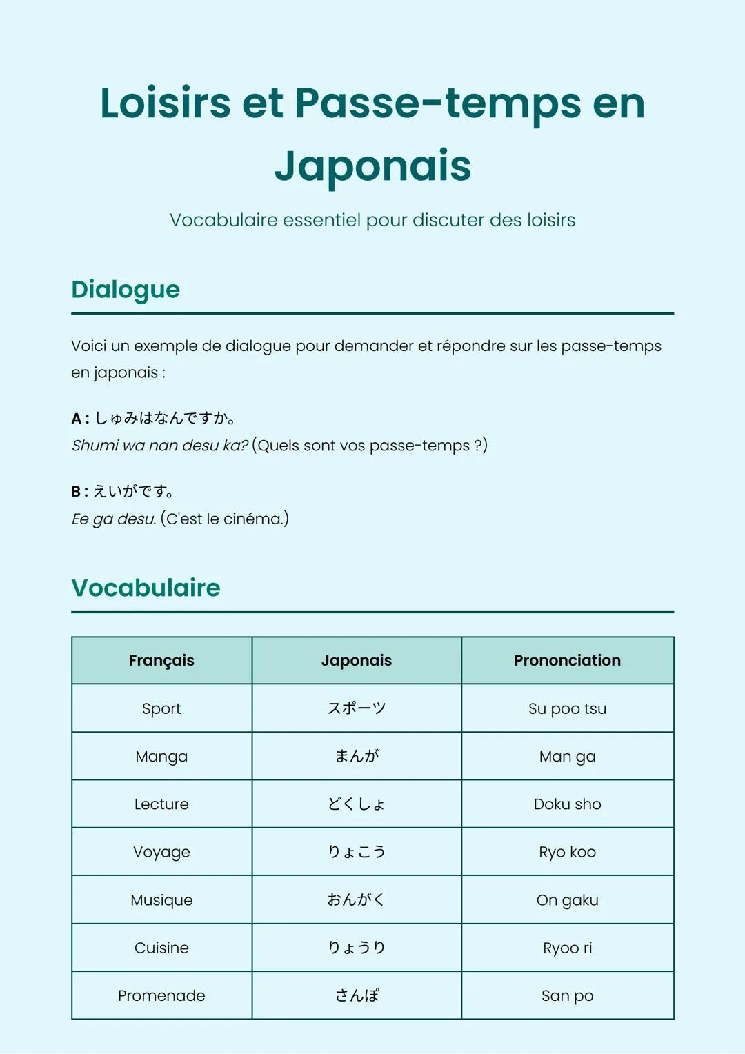 Loisirs et Passe-temps en
Japonais
Vocabulaire essentiel pour discuter des loisirs
Dialogue
Voici un exemple de dialogue pour demander et ré