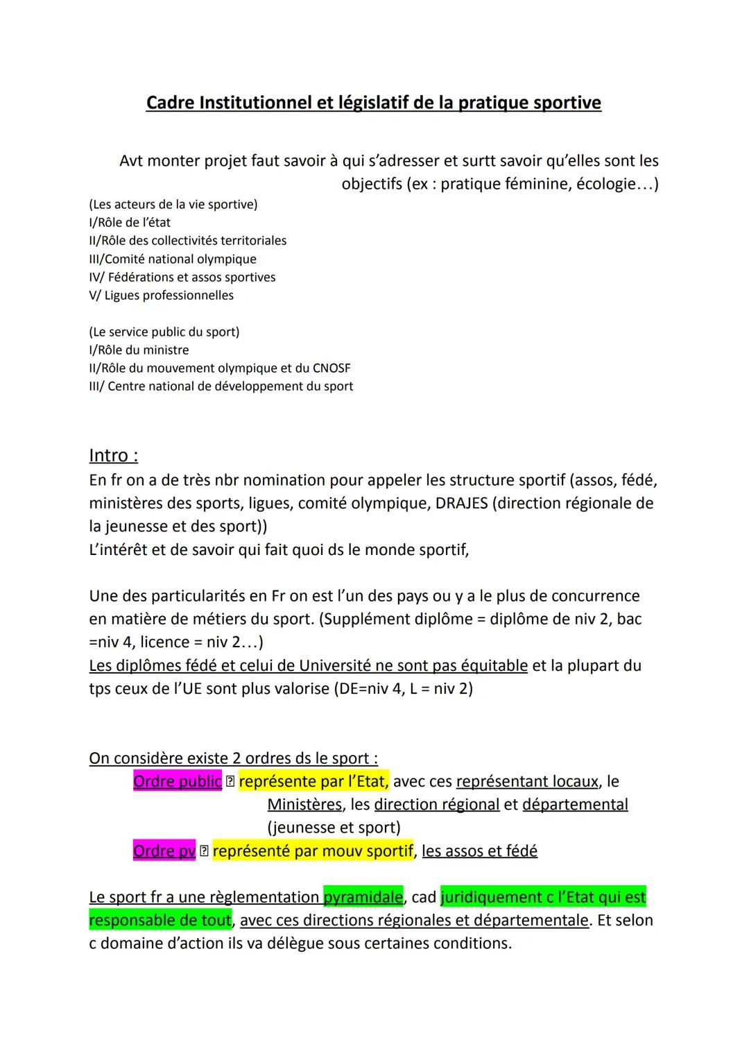 # Cadre Institutionnel et législatif de la pratique sportive
Avt monter projet faut savoir à qui s'adresser et surtt savoir qu'elles sont l