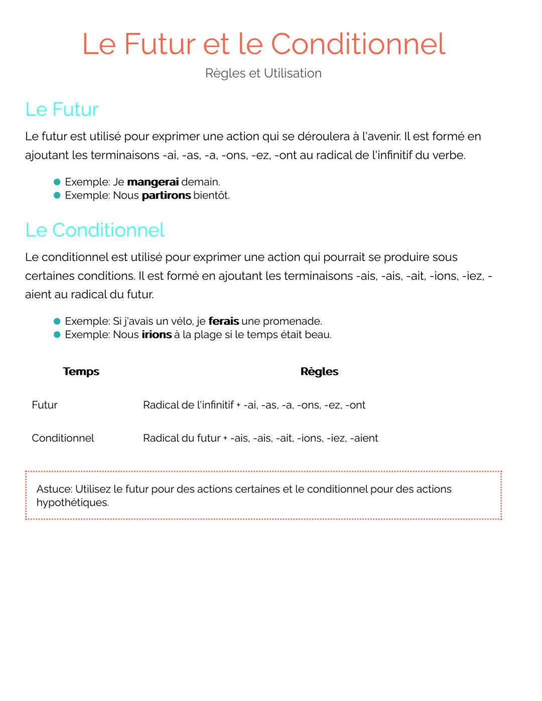 # Le Futur et le Conditionnel
Règles et Utilisation
## Le Futur
Le futur est utilisé pour exprimer une action qui se déroulera à l'avenir