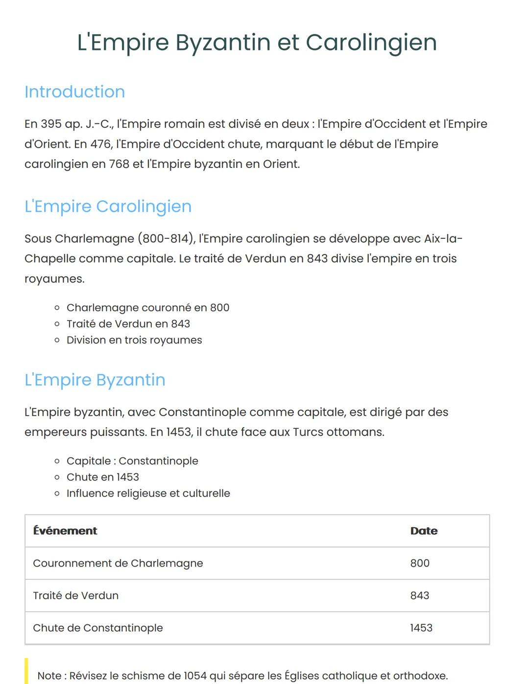 L'Empire Byzantin et Carolingien
Introduction
En 395 ap. J.-C., l'Empire romain est divisé en deux : l'Empire d'Occident et l'Empire
d'Orien