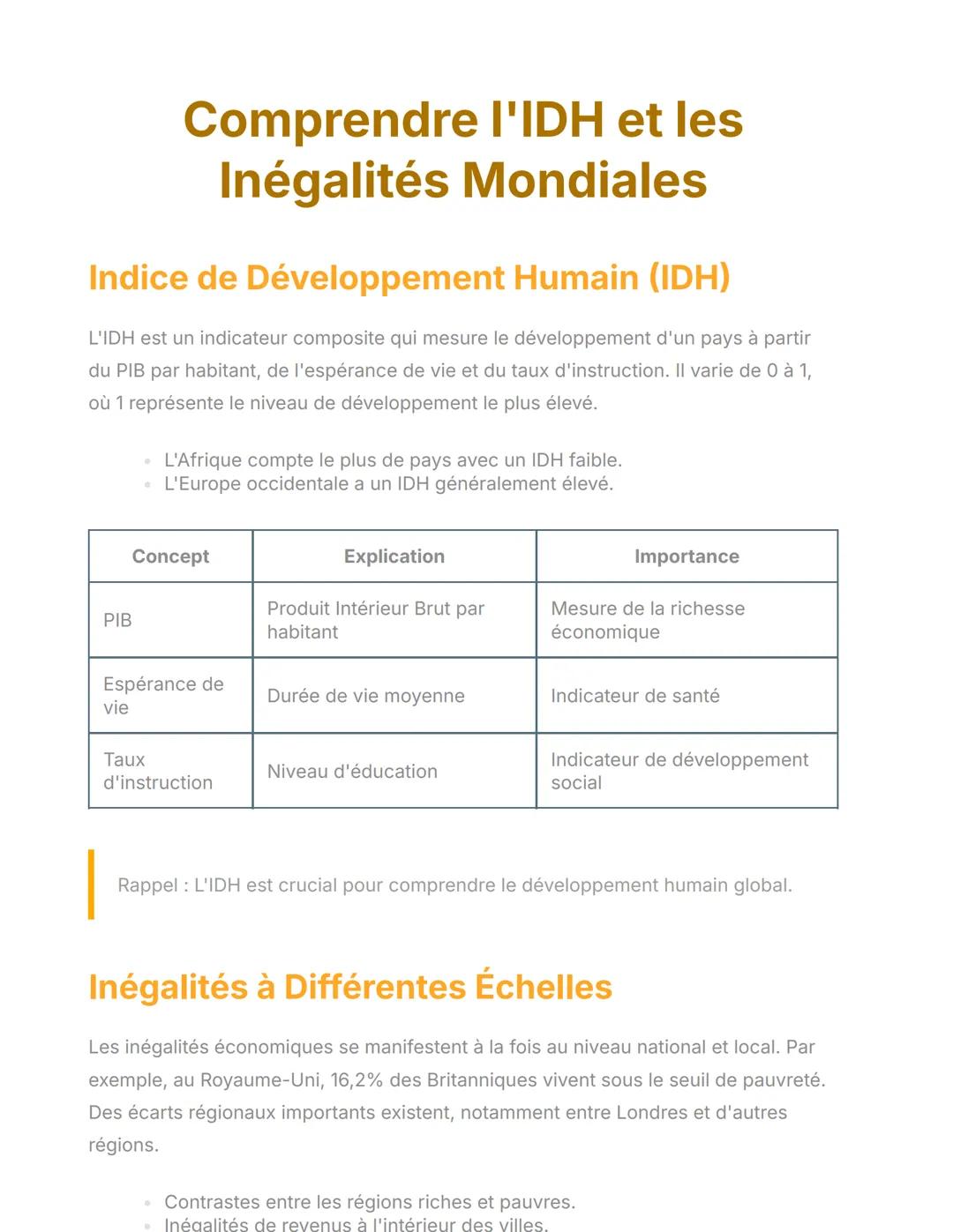 # Comprendre l'IDH et les
# Inégalités Mondiales
## Indice de Développement Humain (IDH)
L'IDH est un indicateur composite qui mesure le d