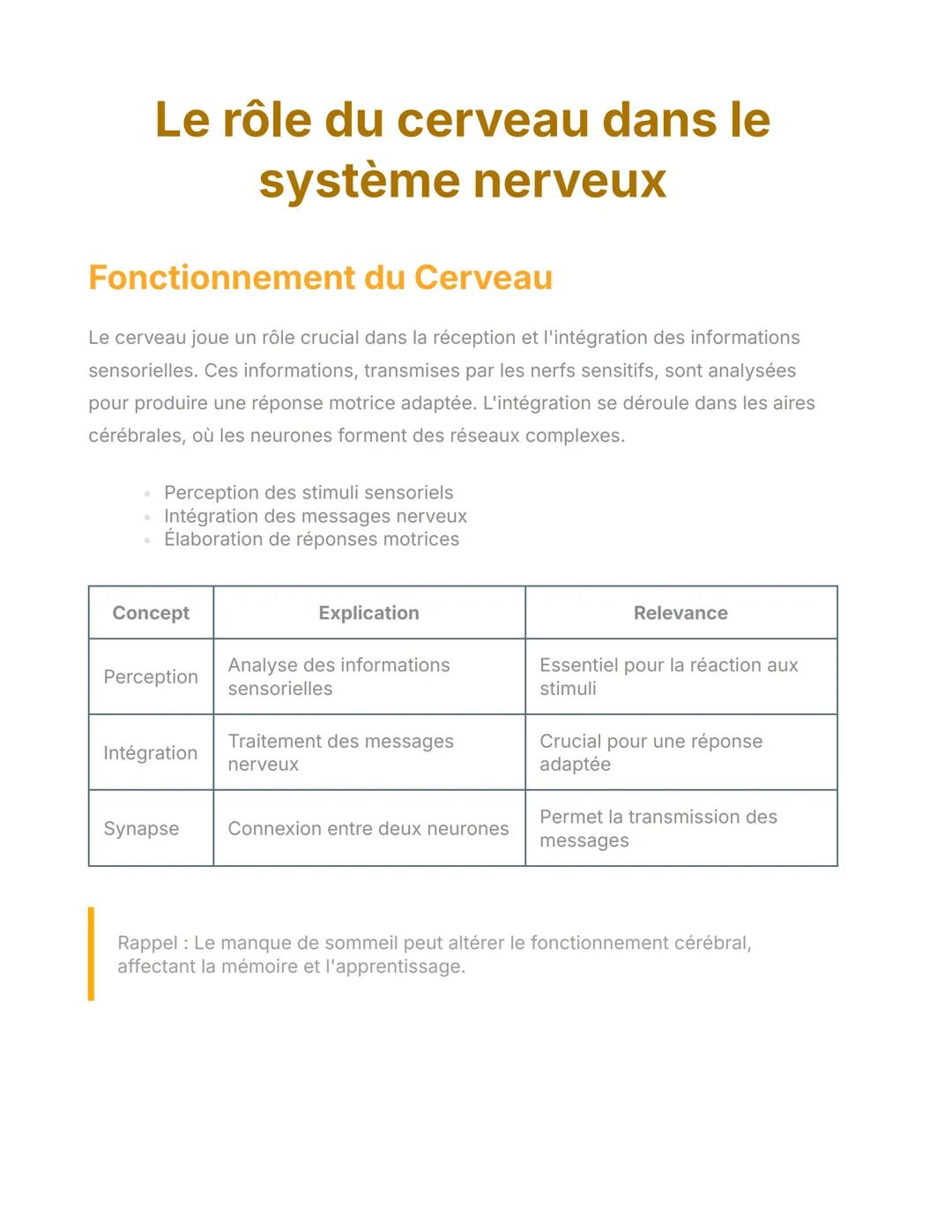 Le rôle du cerveau dans le
système nerveux
Fonctionnement du Cerveau
Le cerveau joue un rôle crucial dans la réception et l'intégration des