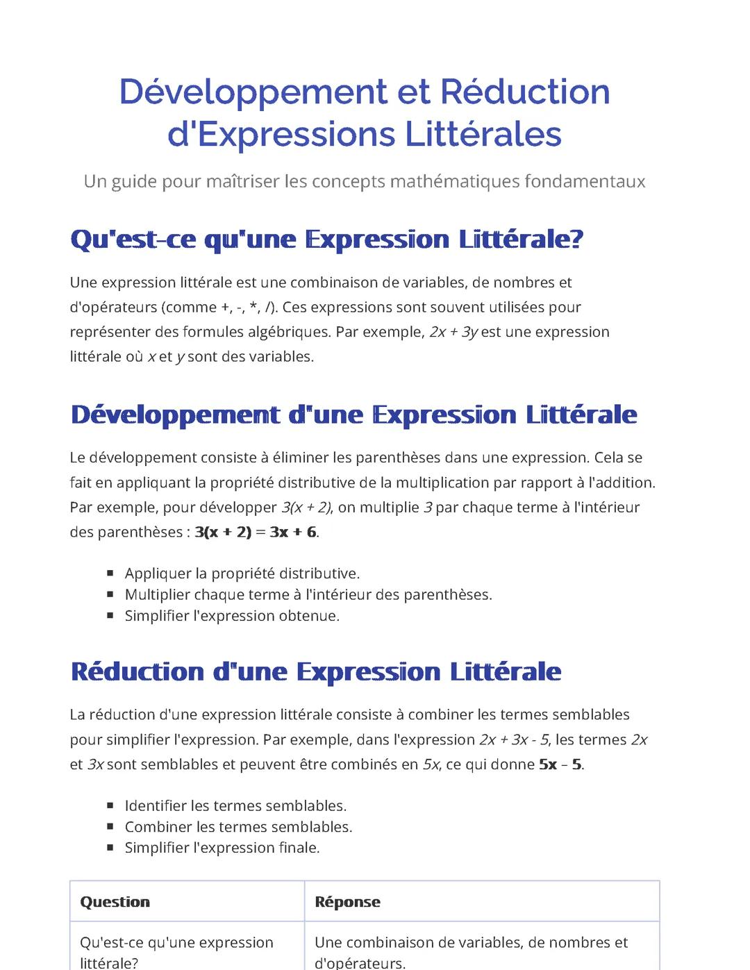 Développement et Réduction d'Expressions Littérales