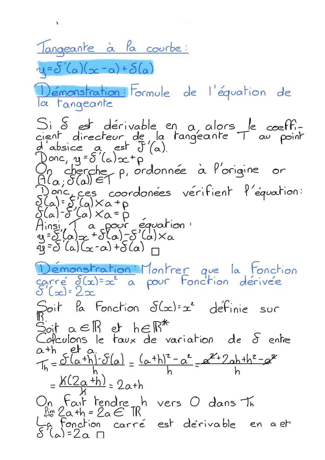 # Chapitre S: Dérivation
Taux de variation:
$T=\frac{δ(b)-δ(a)}{b-a}$
Nombre dérivé de $δ$ en a:
$T_h=\frac{δ(a+h)-δ(a)}{h}$
On remplace