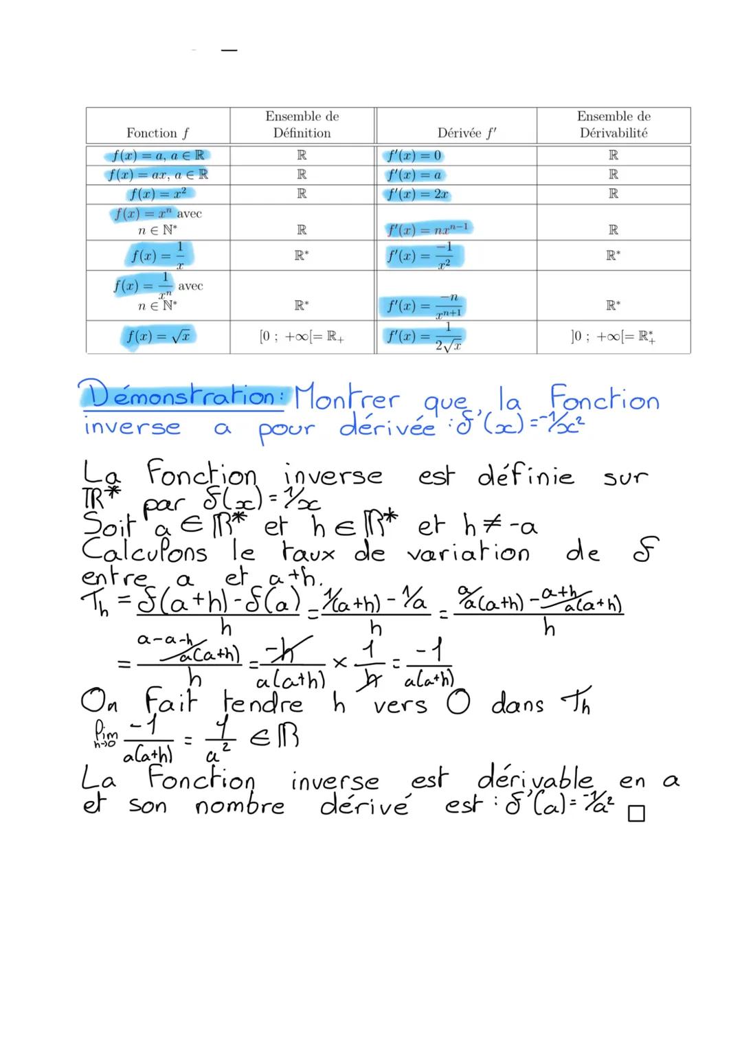 # Chapitre S: Dérivation
Taux de variation:
$T=\frac{δ(b)-δ(a)}{b-a}$
Nombre dérivé de $δ$ en a:
$T_h=\frac{δ(a+h)-δ(a)}{h}$
On remplace