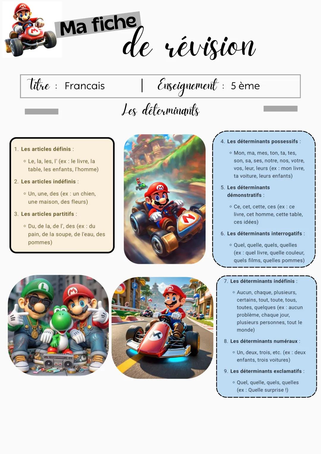 # Ma fiche
de révision
Titre: Francais | Enseignement : 5 ème
Les déterminants
1. Les articles définis:
• Le, la, les, l' (ex: le livre