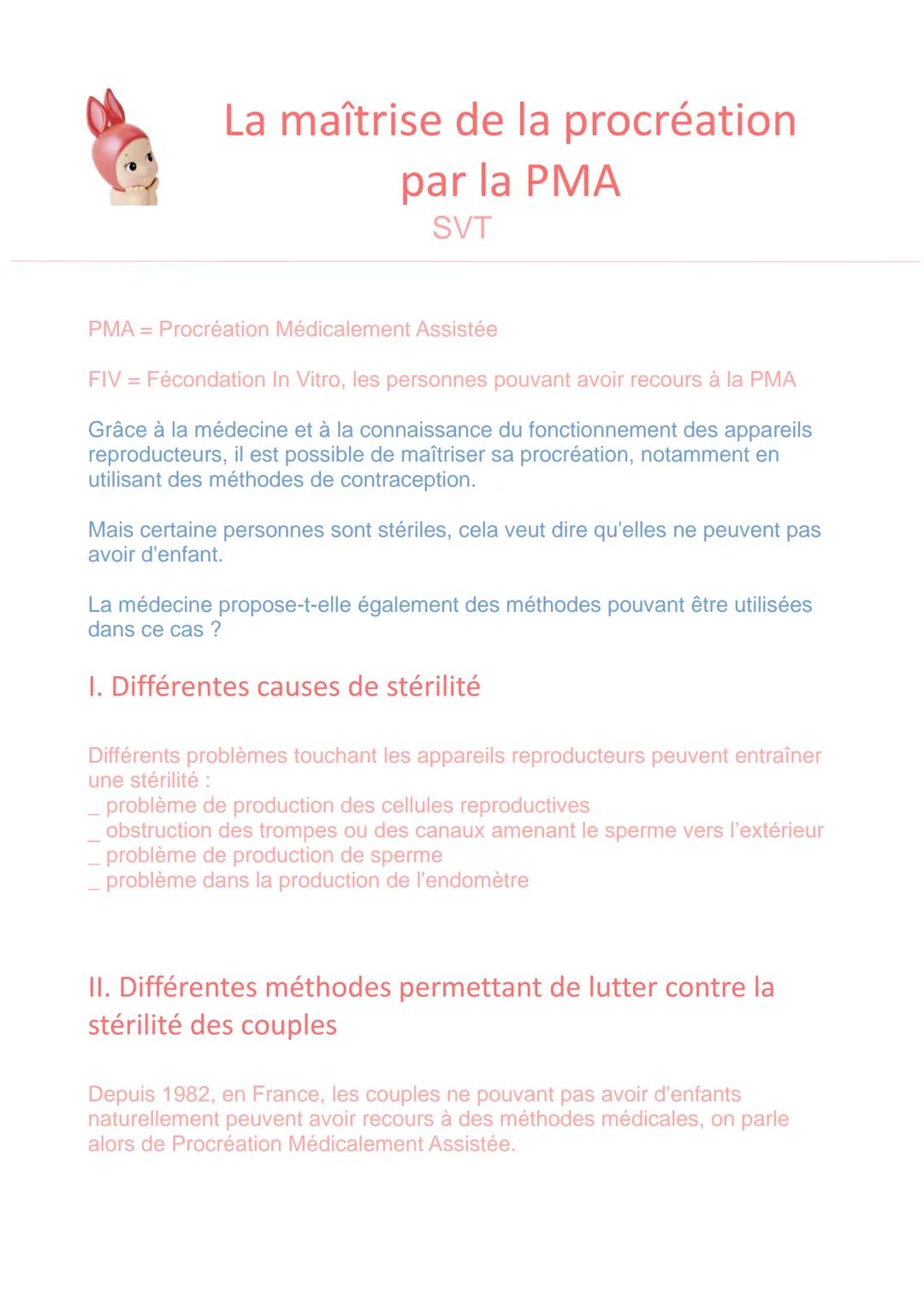 # La maîtrise de la procréation
par la PMA
SVT
PMA = Procréation Médicalement Assistée
FIV = Fécondation In Vitro, les personnes pouvant a