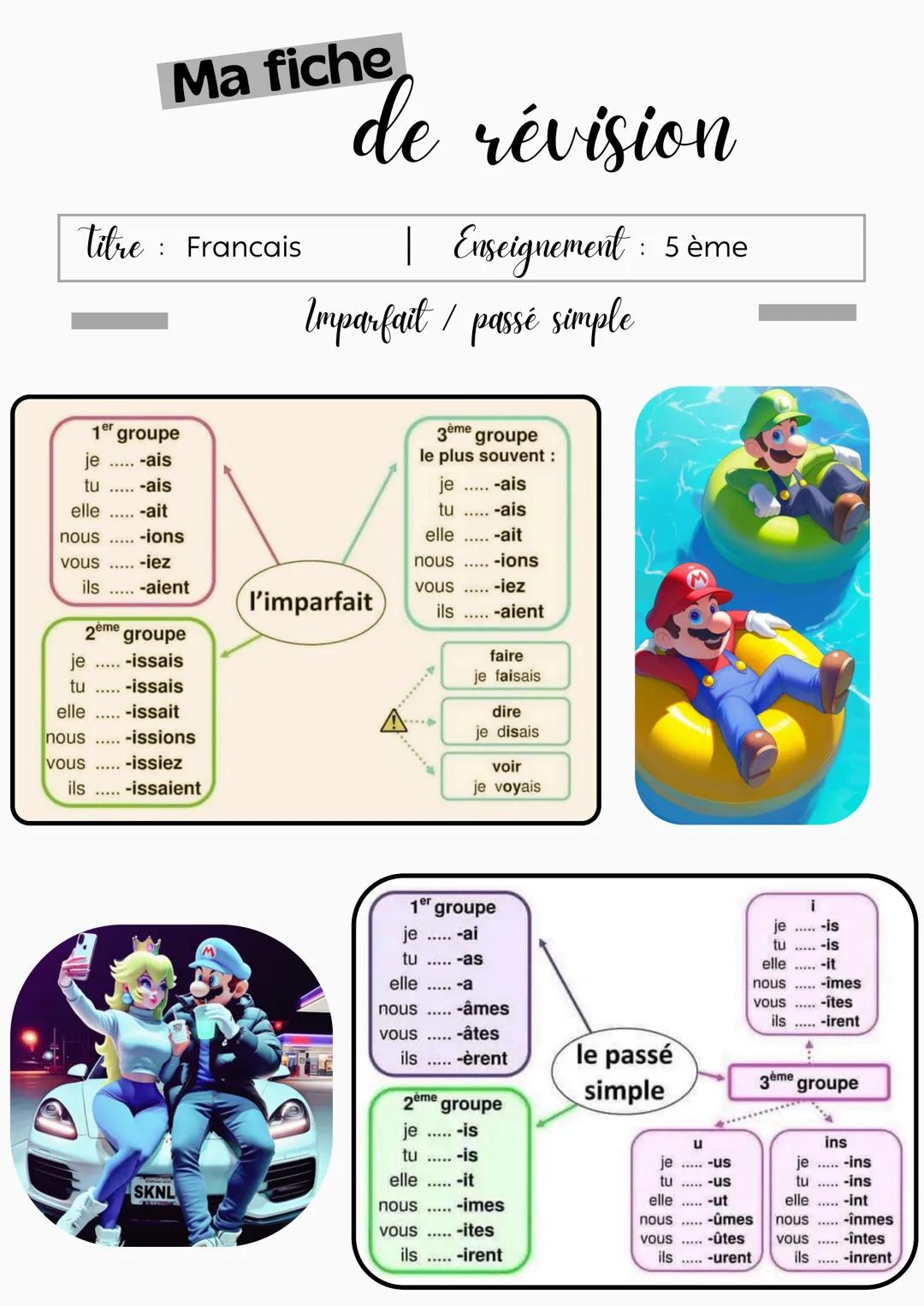 # Ma fiche
de révision
Titre: Francais | Enseignement : 5 ème
Imparfait / passé simple
1er groupe
je ..... -ais
tu ..... -ais
elle .....