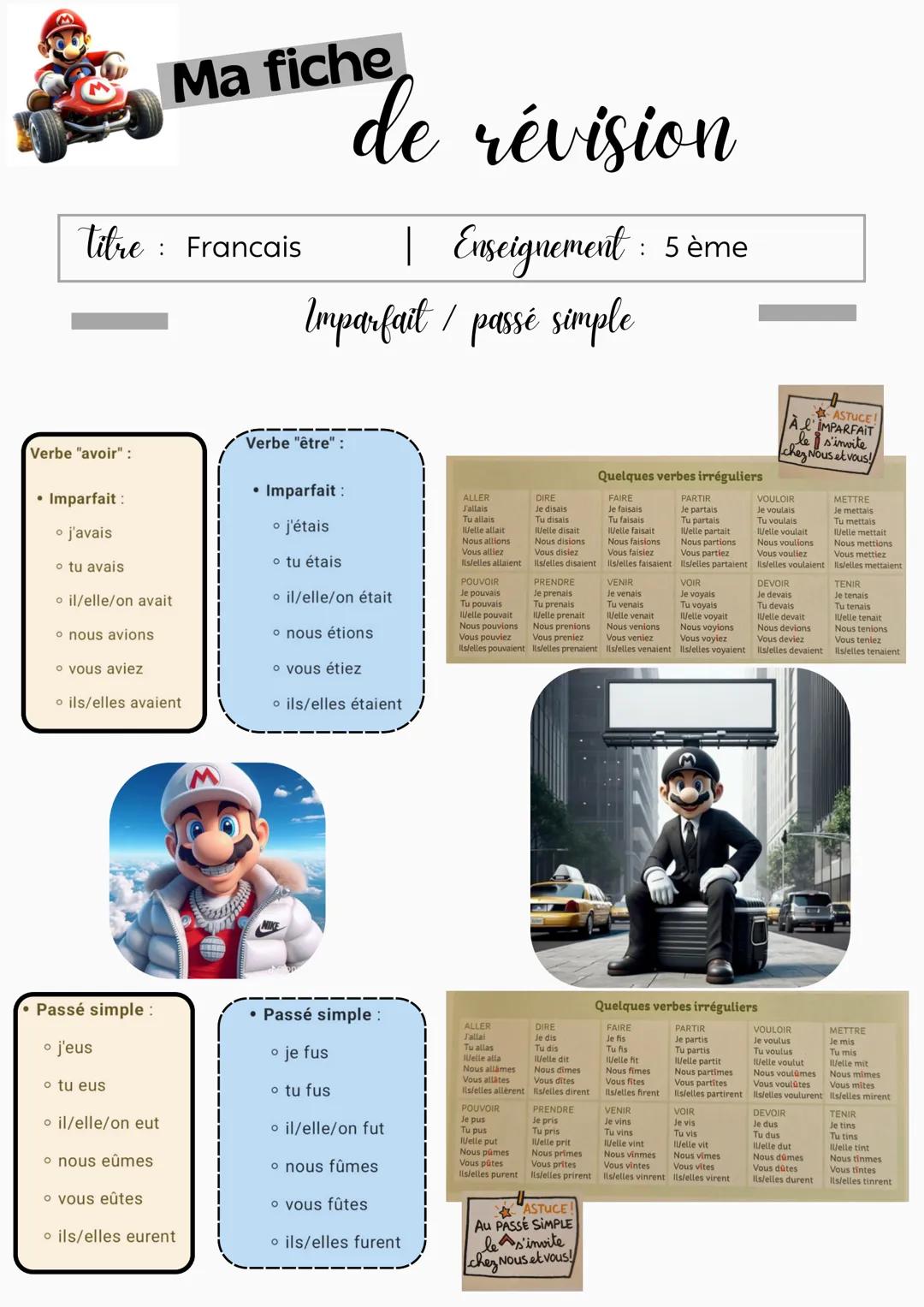 # Ma fiche
de révision
Titre: Francais | Enseignement : 5 ème
Imparfait / passé simple
1er groupe
je ..... -ais
tu ..... -ais
elle .....