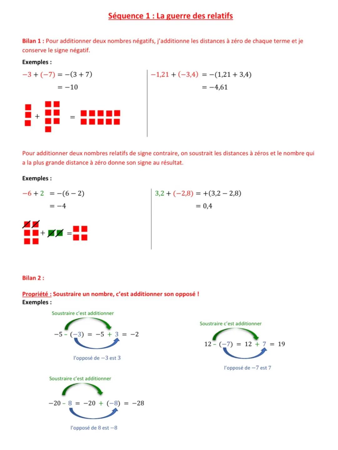 - $\sqrt{36}$
- math
- 5730 # Séquence 1: La guerre des relatifs
Bilan 1: Pour additionner deux nombres négatifs, j'additionne les distance