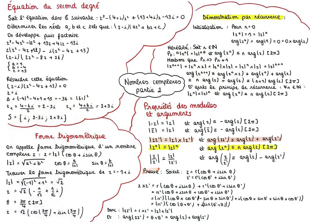 Nombres complexes : équation du second degré, forme trigonométrique, modules, arguments