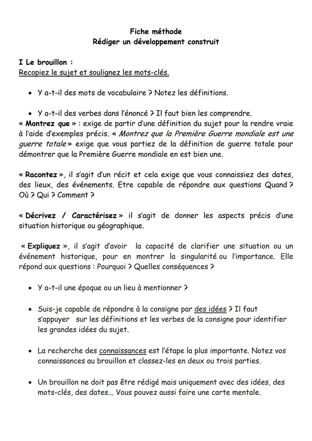 # Fiche méthode
Rédiger un développement construit
I Le brouillon:
Recopiez le sujet et soulignez les mots-clés.
* Y a-t-il des mots d