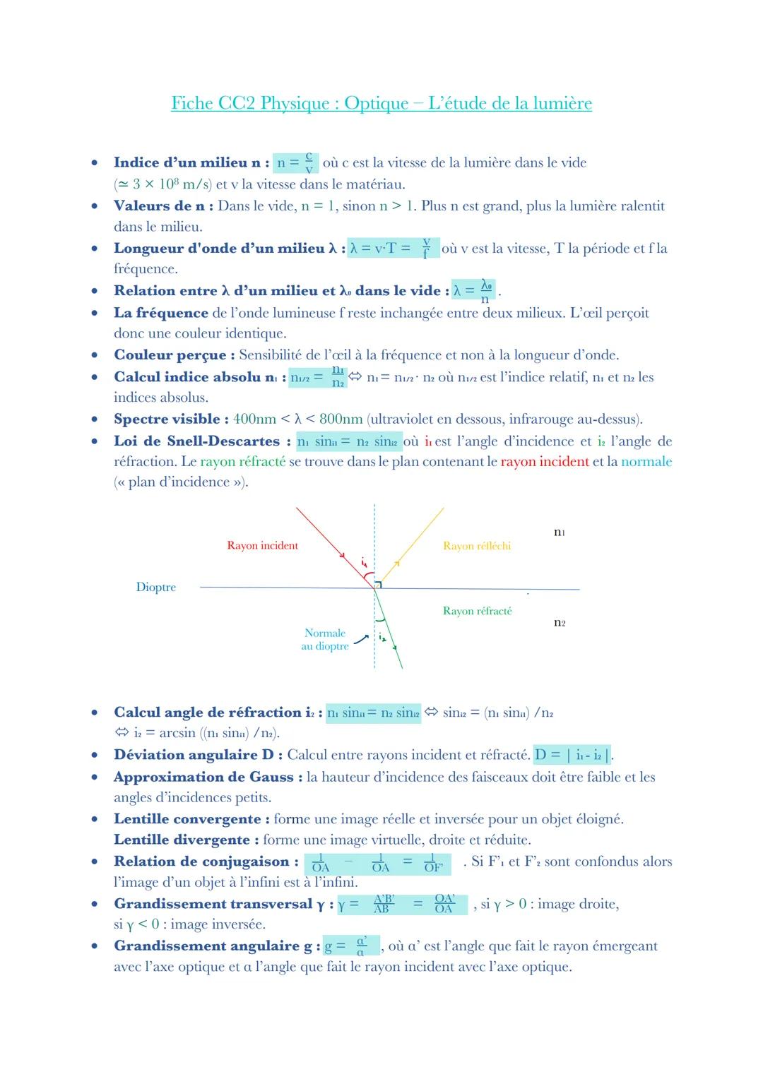 Fiche CC2 Physique : Optique – L'étude de la lumière
• Indice d'un milieu n: n= où c est la vitesse de la lumière dans le vide
•
•
•
(3 × 10