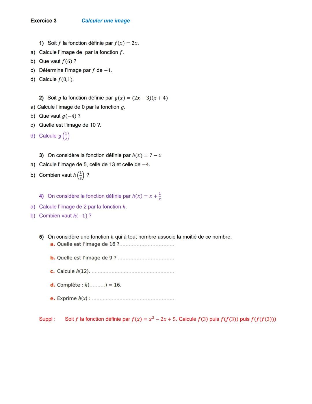 # Fiche d'exercices. Généralités sur les fonctions
Exercice 1
Notion de fonction
1) On considère le programme de calcul ci-contre.
Parmi