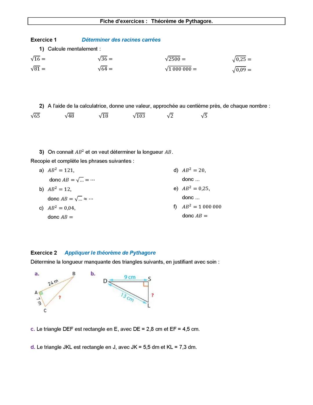 Exercices Théorème de Pythagore, Mathématiques