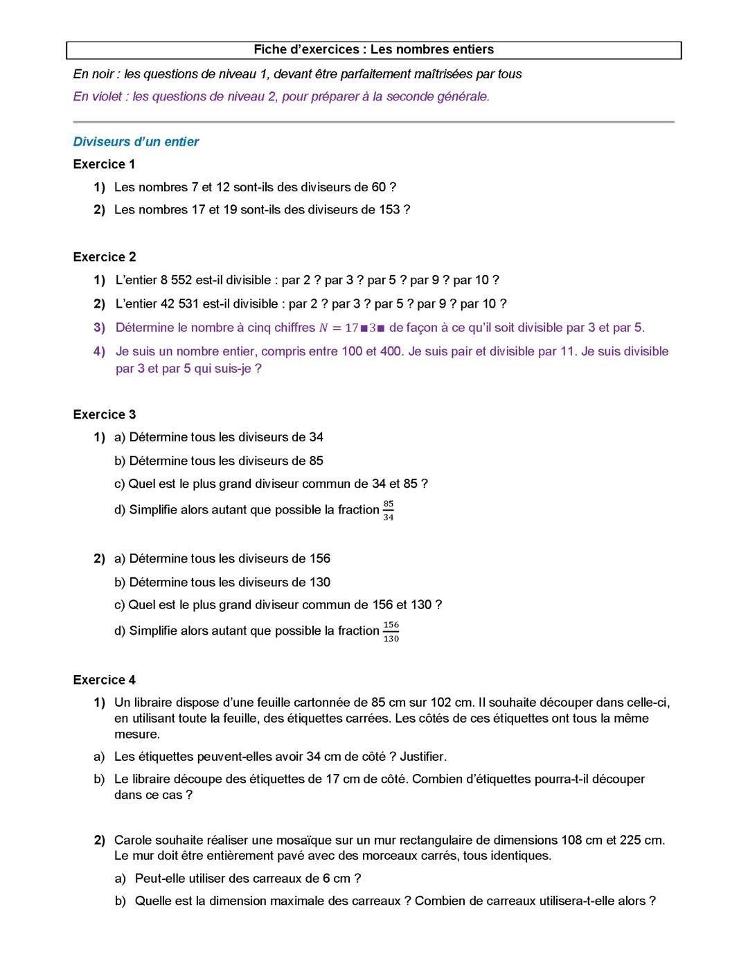 Exercices nombres entiers, Mathématiques