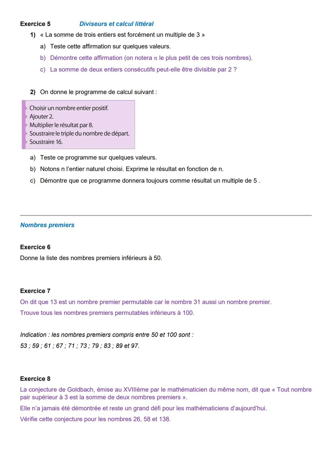 Fiche d'exercices: Les nombres entiers
En noir : les questions de niveau 1, devant être parfaitement maîtrisées par tous
En violet: les ques