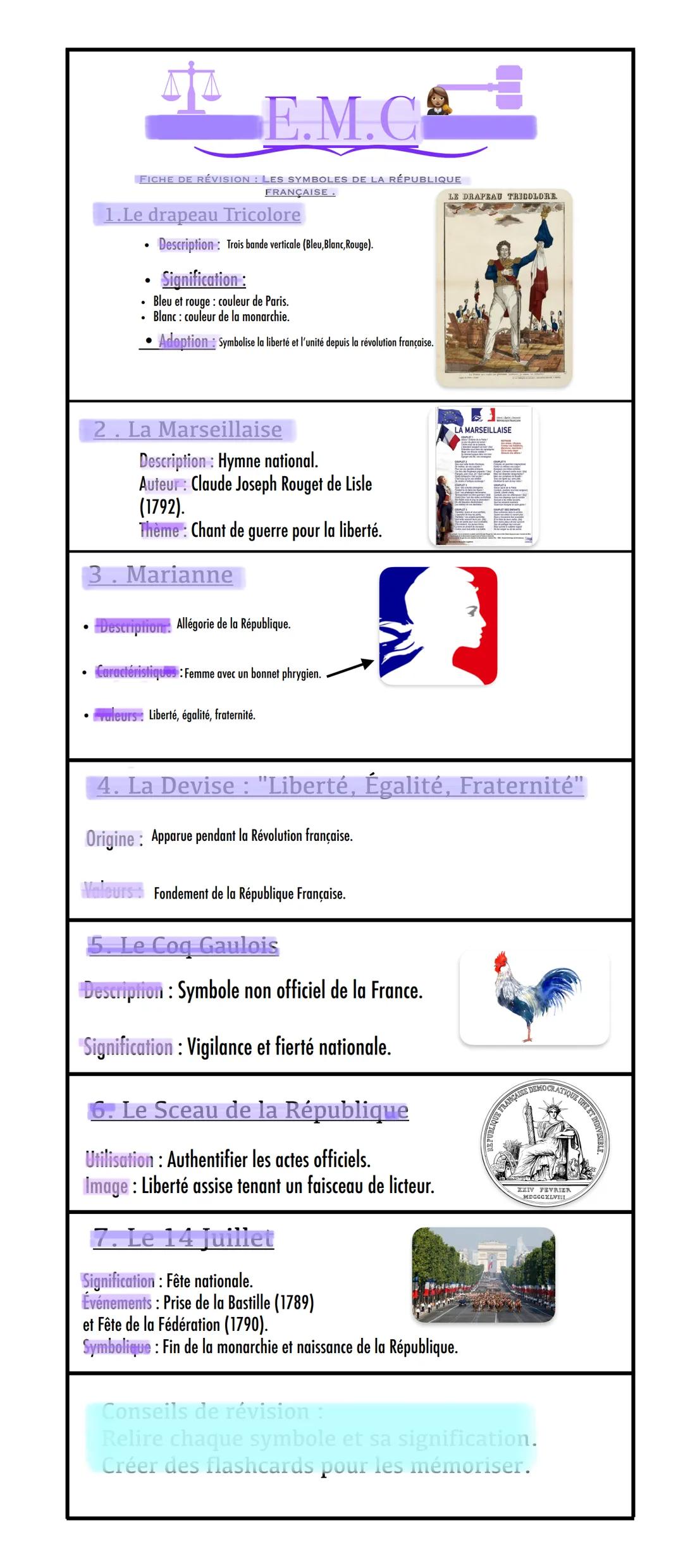 E.M.C
LE DRAPEAU TRICOLORE
FICHE DE RÉVISION : LES SYMBOLES DE LA RÉPUBLIQUE
FRANÇAISE.
1.Le drapeau Tricolore
.
.
Description: Trois bande