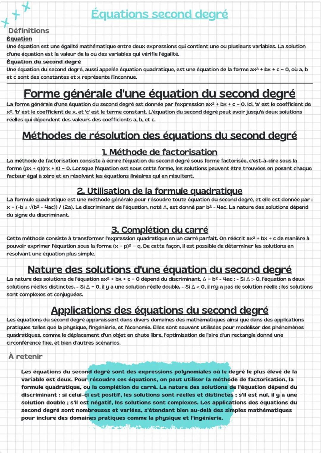 Equations second degré
Définitions
Équation
Une équation est une égalité mathématique entre deux expressions qui contient une ou plusieurs v