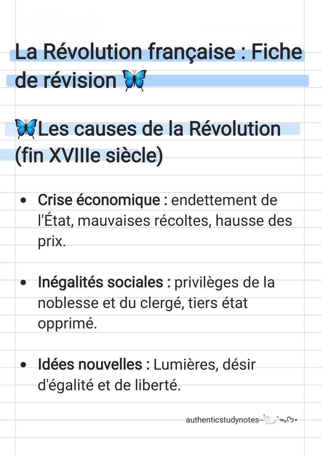 La Révolution française: Fiche
de révision
Les causes de la Révolution
(fin XVIIIe siècle)
• Crise économique: endettement de
l'État, mauvai