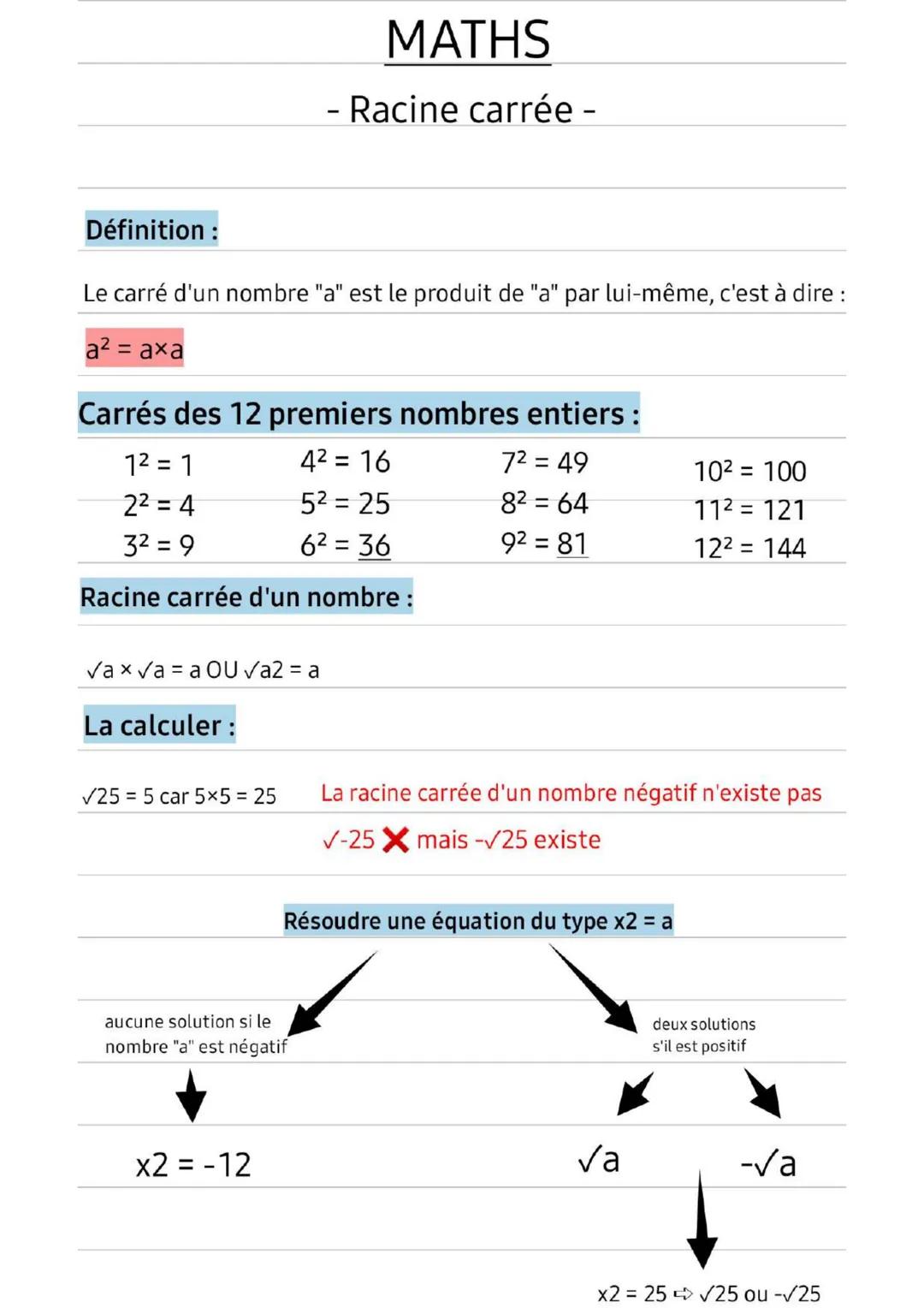 # MATHS
- Racine carrée -
Définition:
Le carré d'un nombre "a" est le produit de "a" par lui-même, c'est à dire :
a2 = axa
Carrés des 12