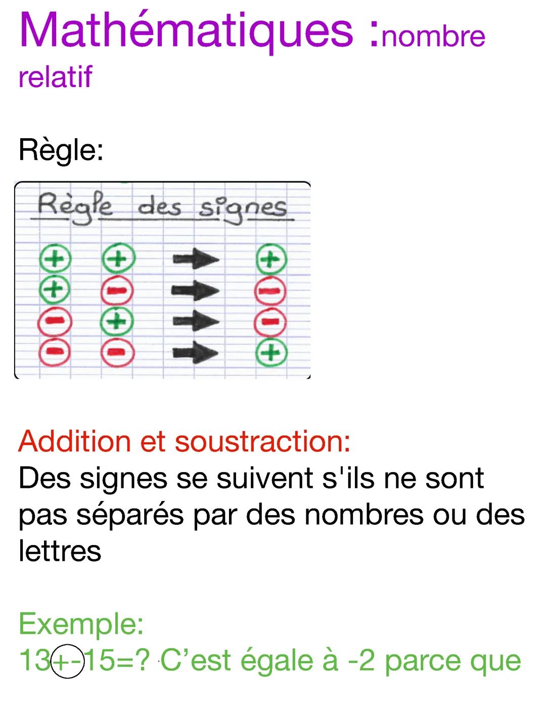 Mathématiques nombres relatifs