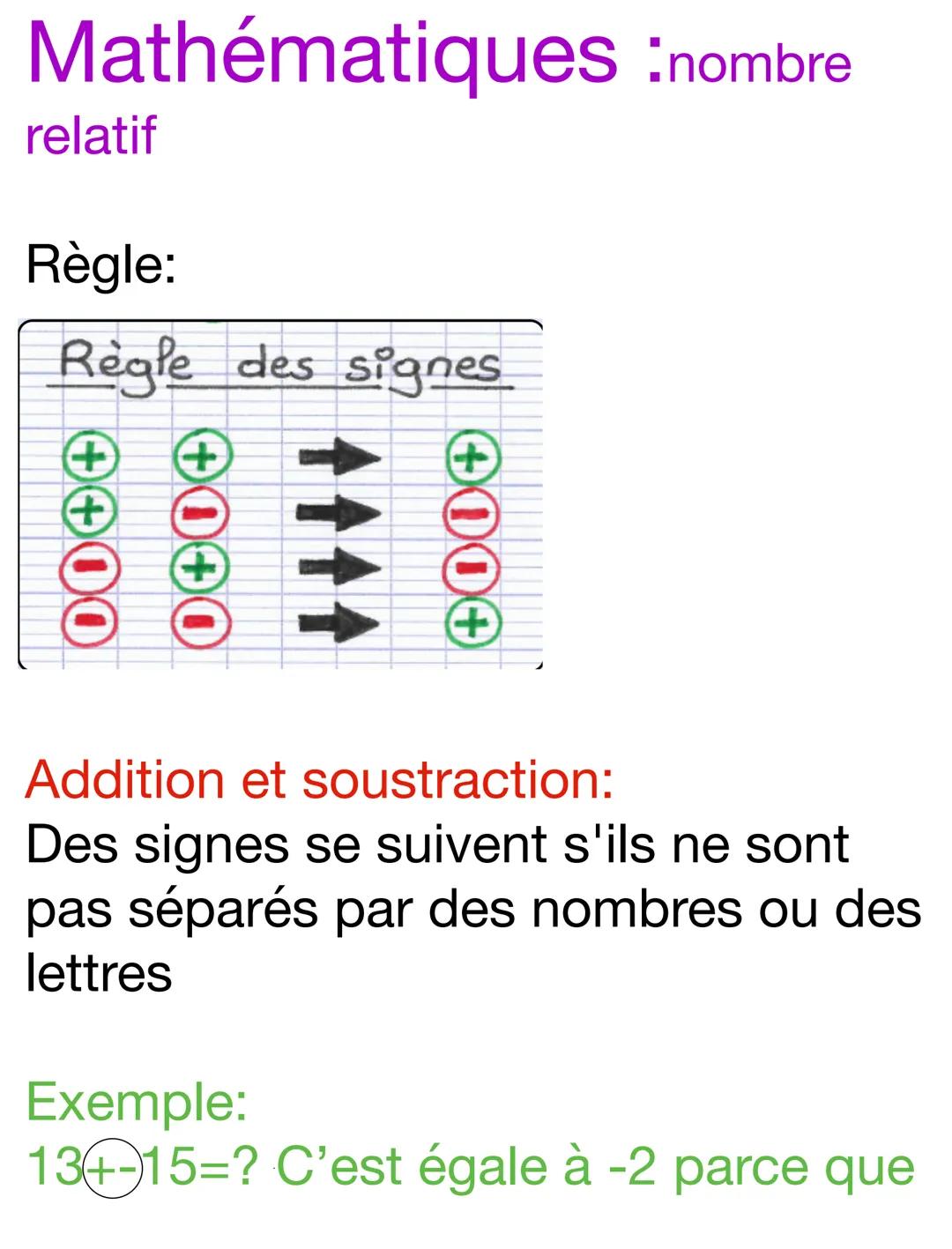 Mathématiques :nombre
relatif
Règle:
Règle des signes
++00
+000
Addition et soustraction:
Des signes se suivent s'ils ne sont
pas séparés pa