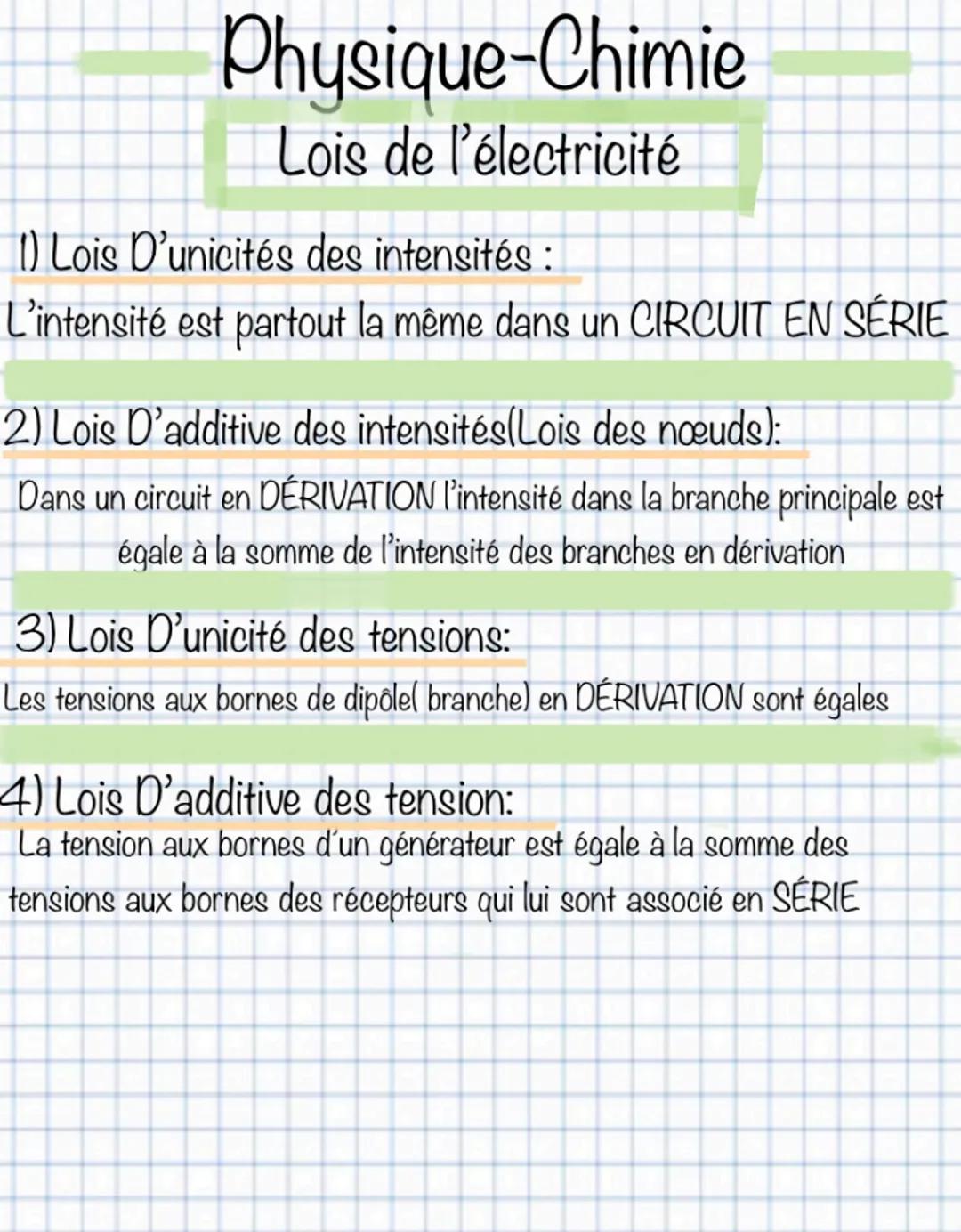 Physique-Chimie
Lois de l'électricité
(1) Lois D'unicités des intensités :
L'intensité est partout la même dans un CIRCUIT EN SÉRIE
2) Lois