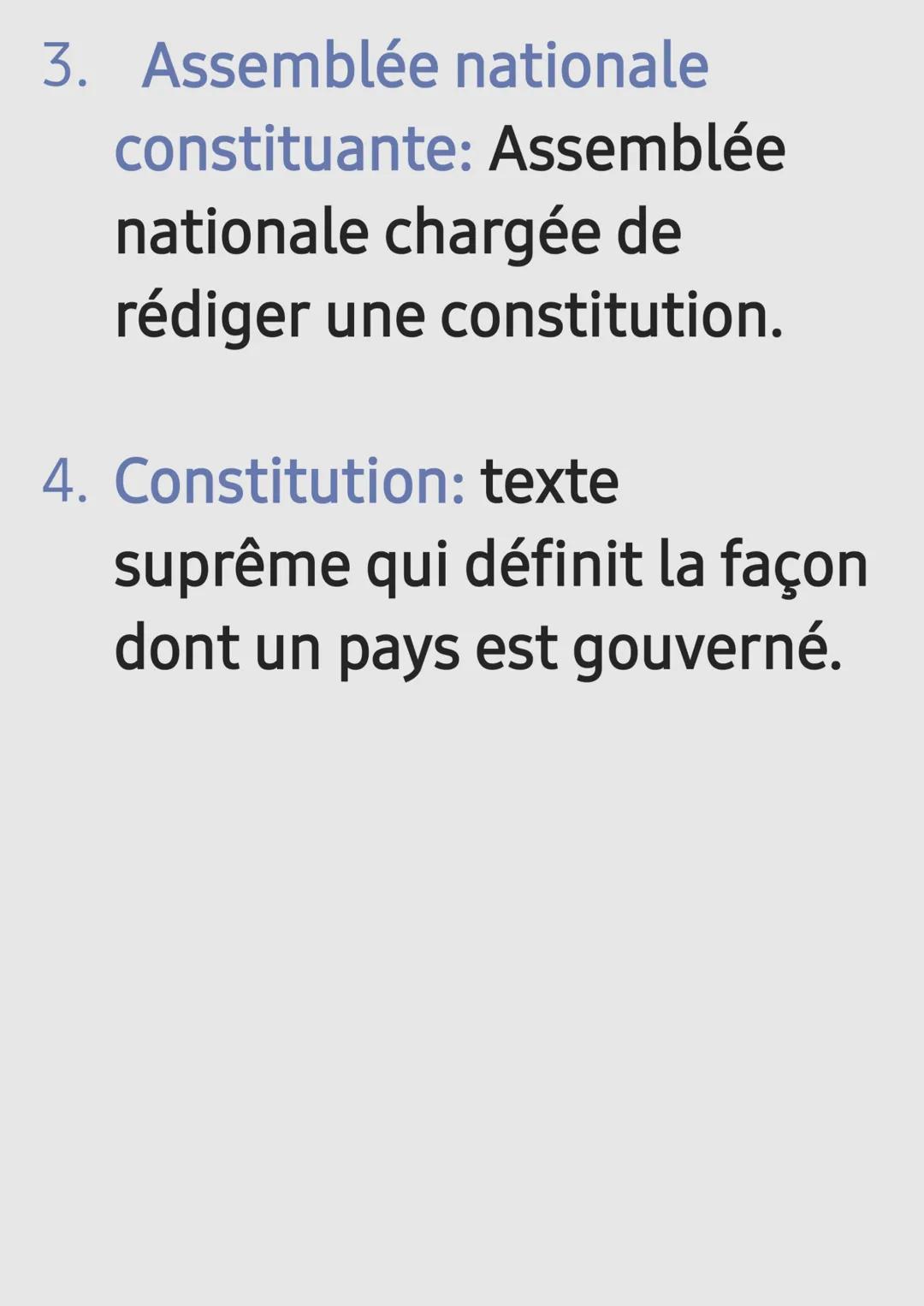 Histoire
Définition
1. États généreux: réunion de
députés des 3 ordres.
2. Assemblée national :
ensemble des députés
représentant la nati