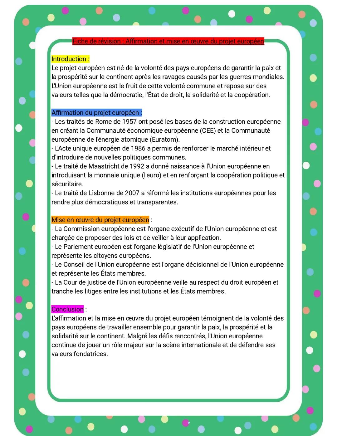 Affirmation et mise en œuvre du projet européen