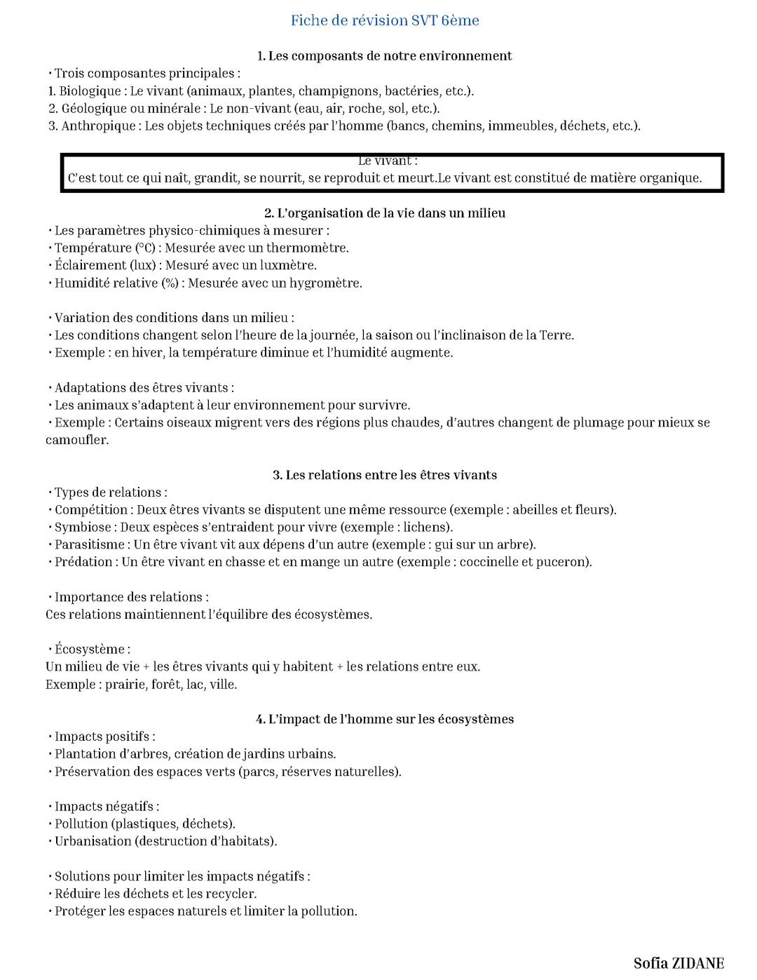 Fiche de révision SVT 6ème