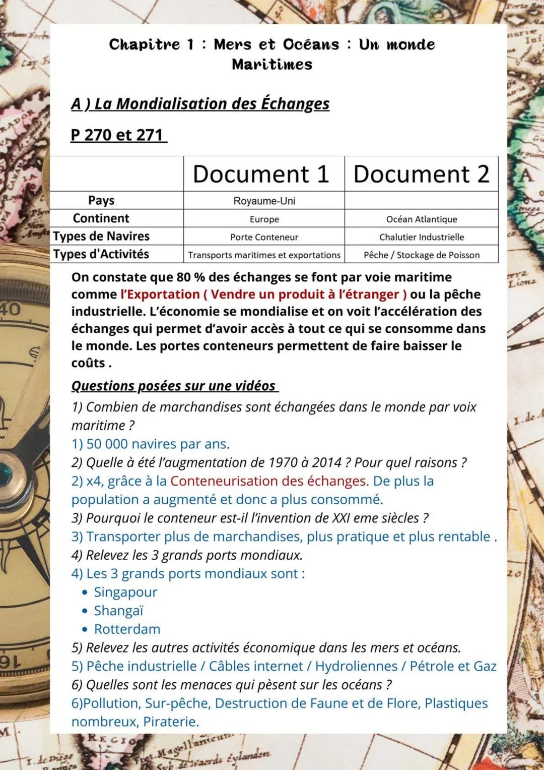 Porte
Plan Fort
F
RADOR
40
Niew
Chapitre 1 Mers et Océans Un monde
Maritimes
A) La Mondialisation des Échanges
P 270 et 271
Pays
Continent
T