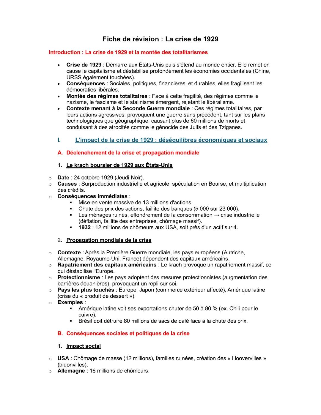 Fiche Histoire :  Crise 1929