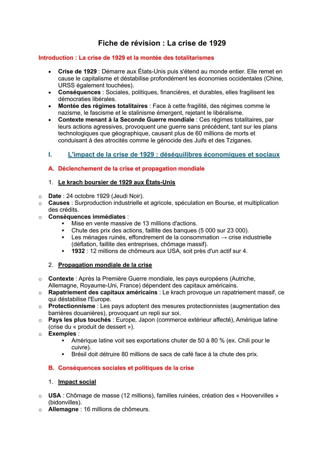 Fiche de révision: La crise de 1929
Introduction: La crise de 1929 et la montée des totalitarismes
°
°
о
°
°
°
о
•
•
•
I.
Crise de 1929: Dém