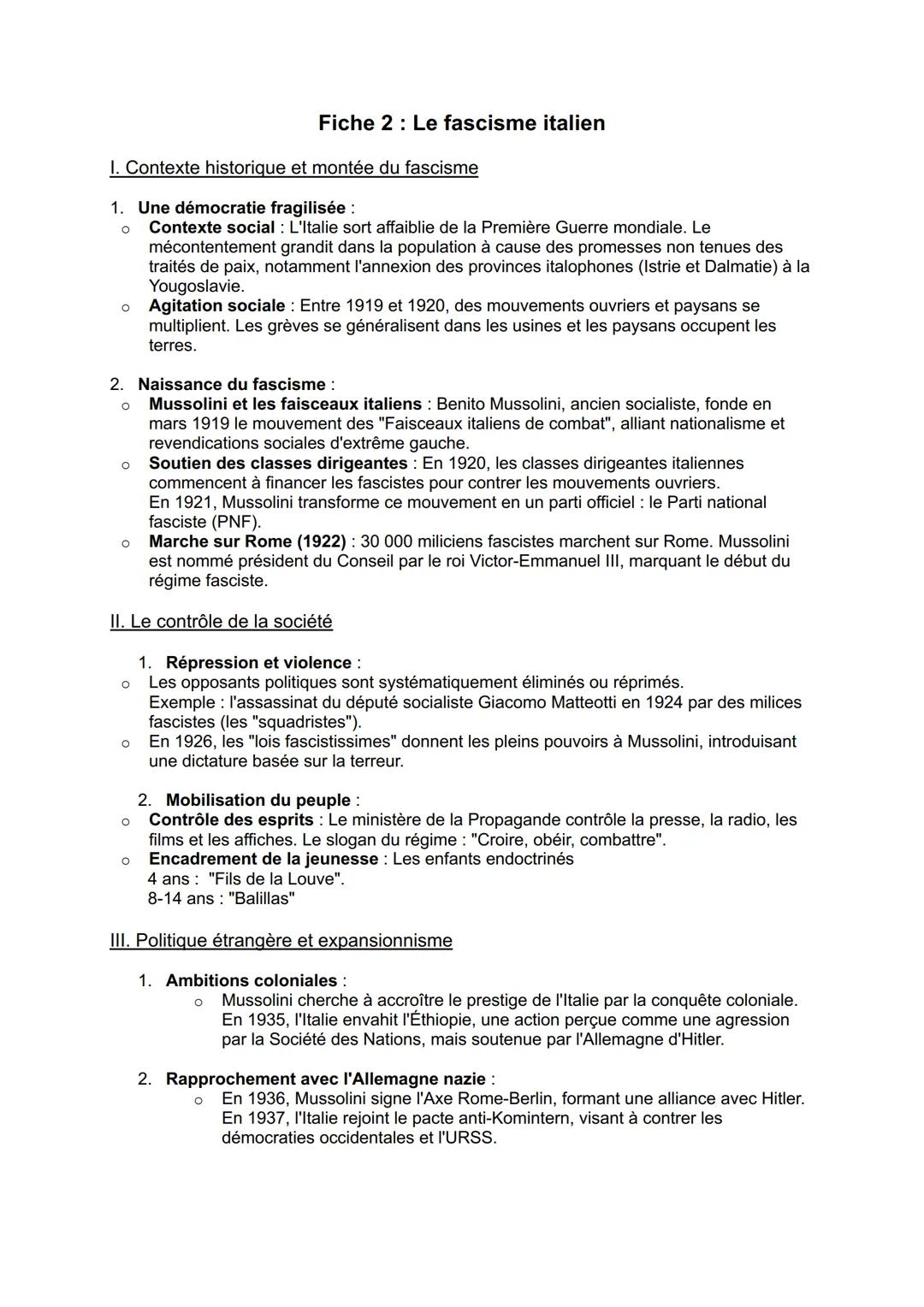 Fiche 2: Le fascisme italien
I. Contexte historique et montée du fascisme
1. Une démocratie fragilisée :
о
о
Contexte social: L'Italie sort