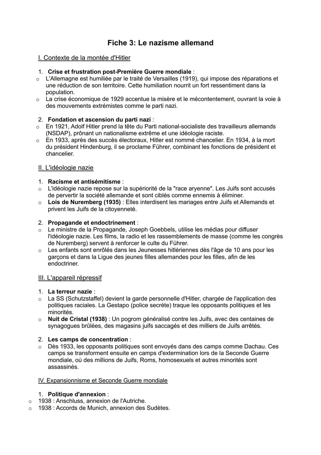 о
Fiche 3: Le nazisme allemand
I. Contexte de la montée d'Hitler
1. Crise et frustration post-Première Guerre mondiale:
L'Allemagne est humi
