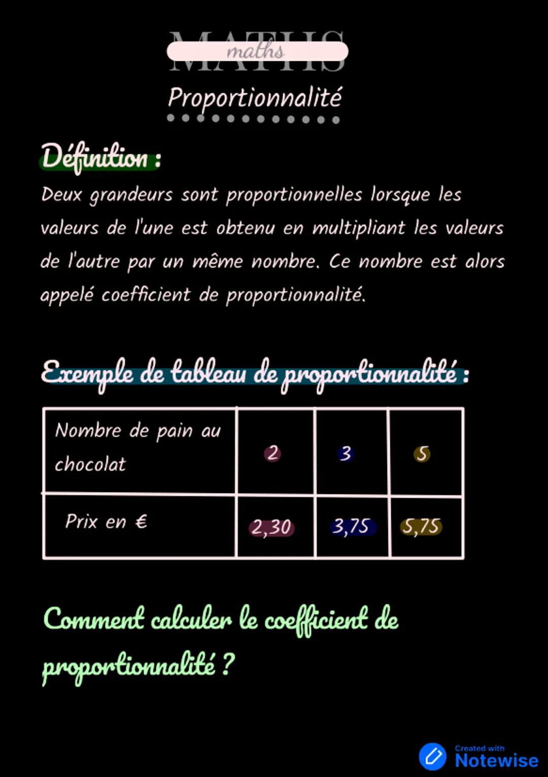 Définition :
maths
HIS
Proportionnalité
Deux grandeurs sont proportionnelles lorsque les
valeurs de l'une est obtenu en multipliant les vale