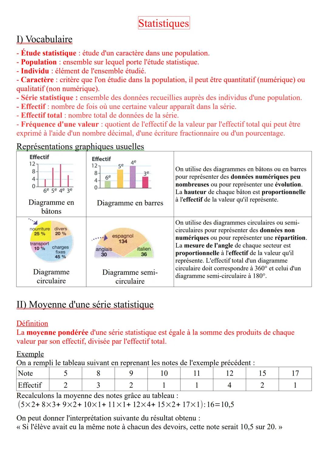I) Vocabulaire
Statistiques
- Étude statistique : étude d'un caractère dans une population.
- Population: ensemble sur lequel porte l'étude